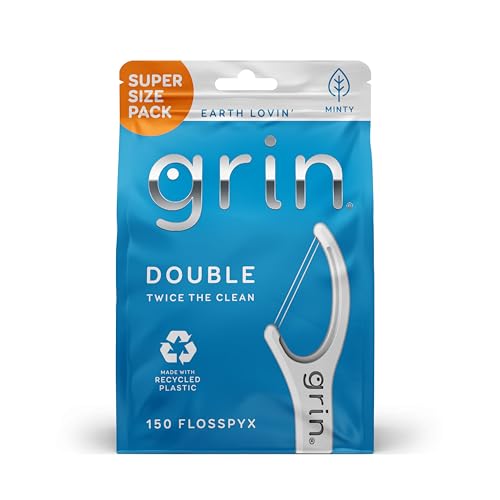 GRIN Double Flosspyx Floss Picks 150 ct Dental Flossers Minty Flavor Recycled Plastic 2 Lines of Strong Floss Longer Floss Head Traps Food and Plaque Includes Safe Soft FoldBack Tooth Pick